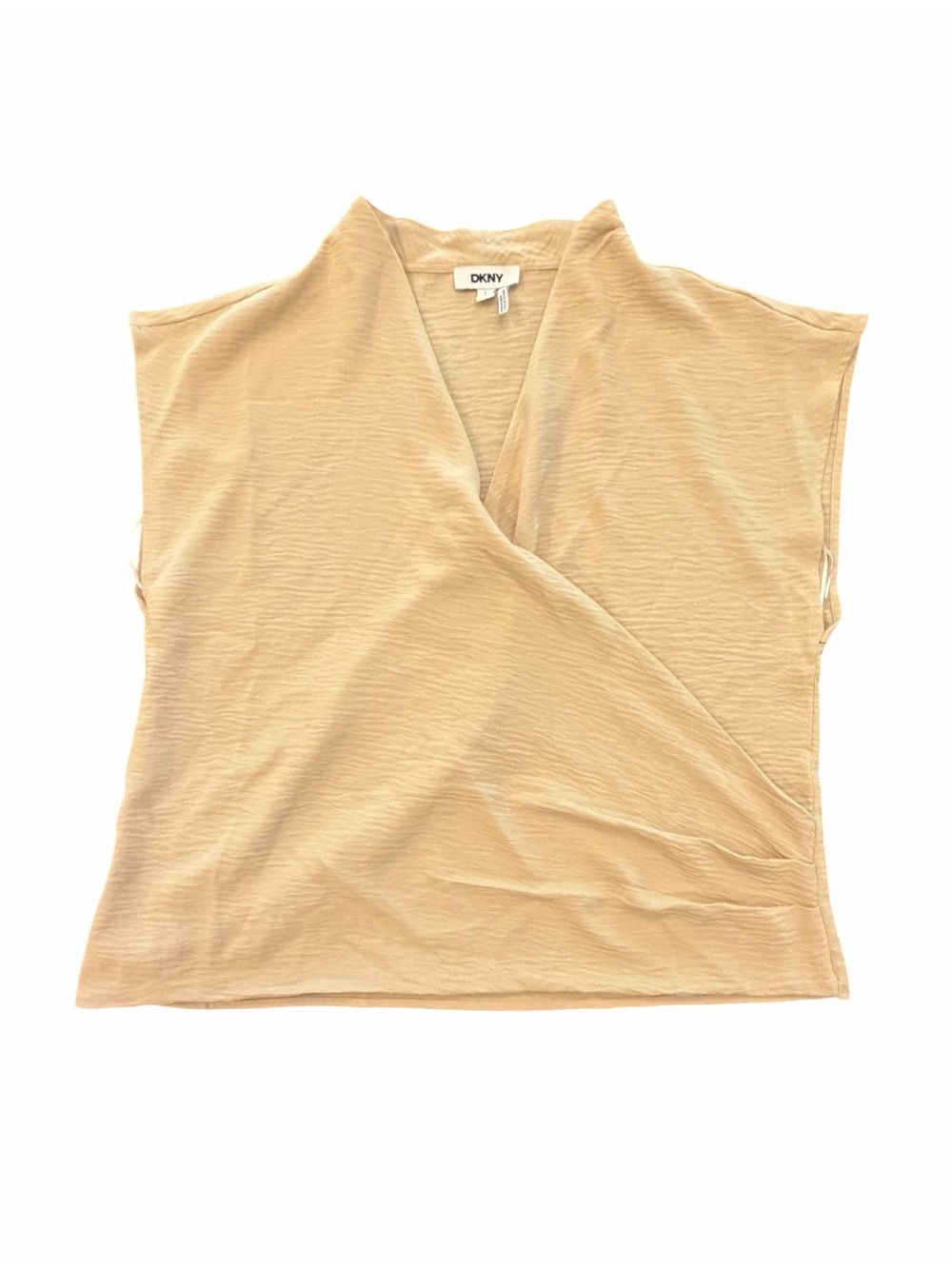 DKNY Beige Faux Wrap Blouse Women’s Large Draped V-Neck Cap Sleeve New Neutral